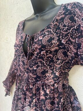 💕Joie Midnight Blue Boho Blouse with Dusty Rose Floral Motif💕